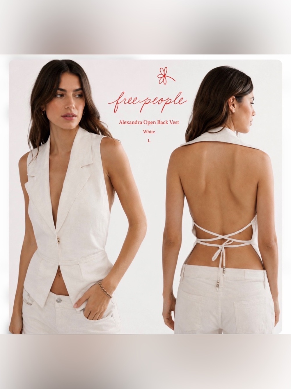Free People Alexandra Open Back Vest White Linen Tie Back Boho Festival L Summer